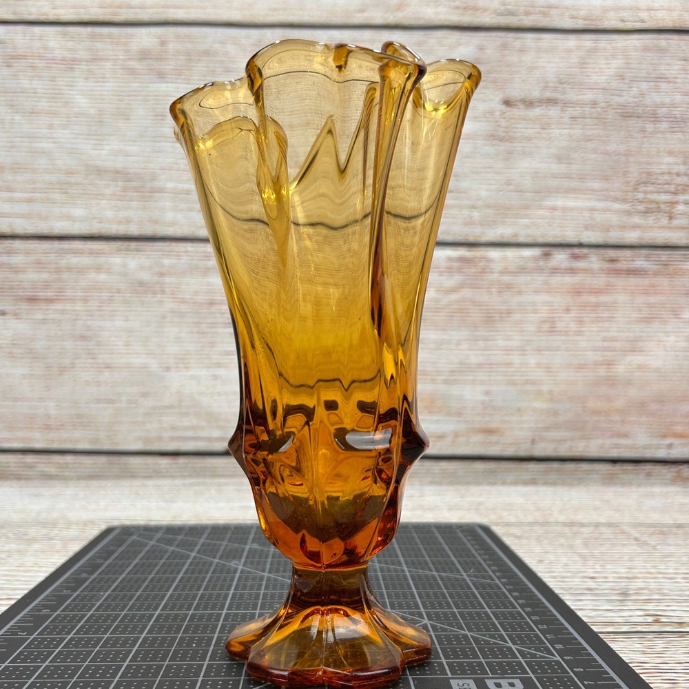 Vintage Amber Swung Glass Vase Ruffled Handkerchief Rim Mid Century Modern 7in